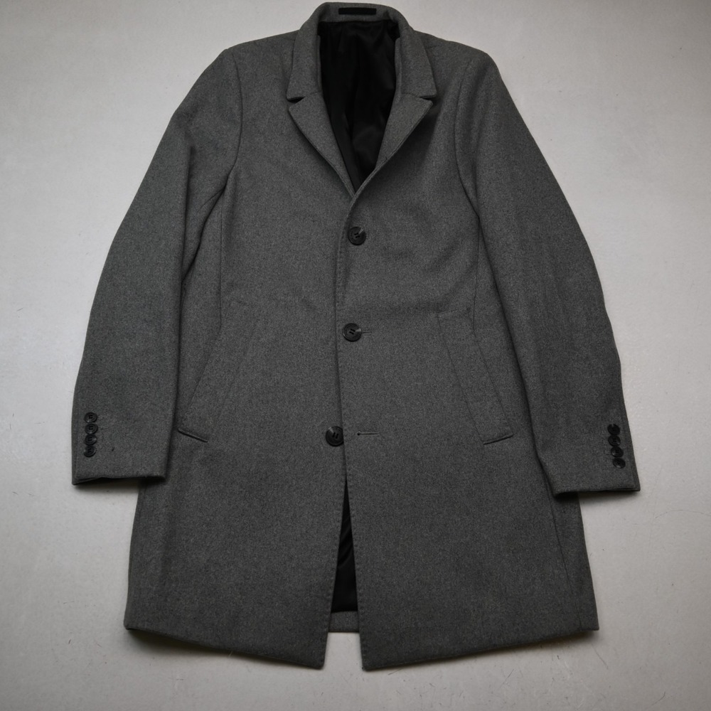 H&M 38R Medium Gray Wool Flannel Button Front Overcoat Winter Trench Coat
